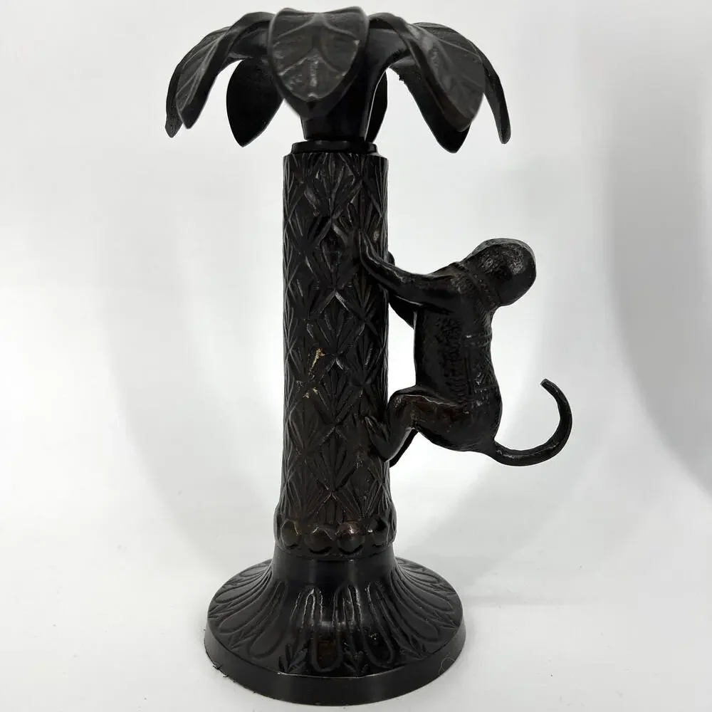 Vintage Bombay Metal Monkey Climbing Palm Tree Candlestick Holders Pair of Two